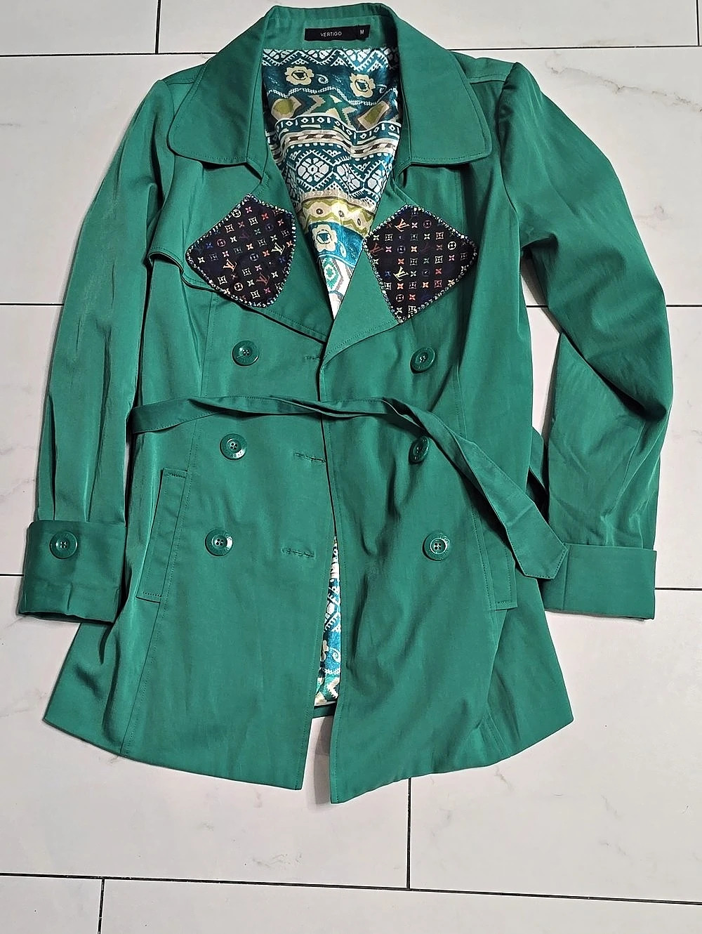 Vertigo Vintage LV Patterned Belted Trench Coat in Green Size Medium